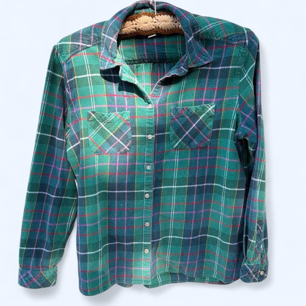 Croft & Barrow Green Plaid Button Up Shirt Pockets PM Petite Medium